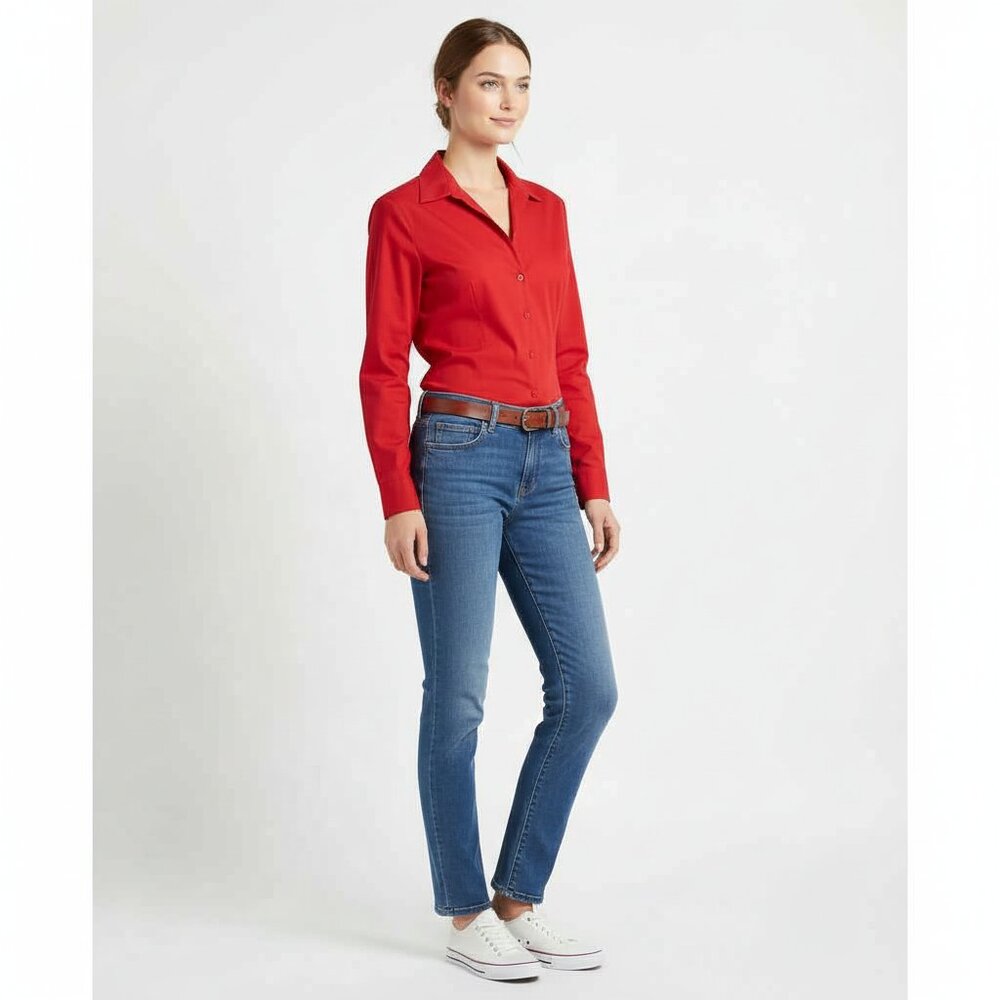 Chic CHICO'S Red Cotton Long Sleeve Blouse, Perfect for Work or Casual Wear 2 /L